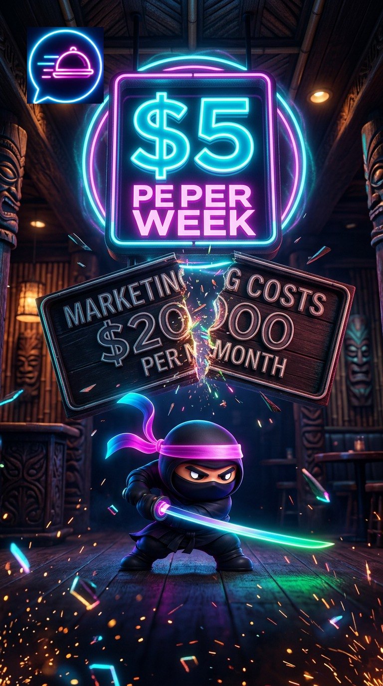 The Nibblo ninja slicing a $20,000 per month marketing costs sign in half beneath a neon $5 per week sign