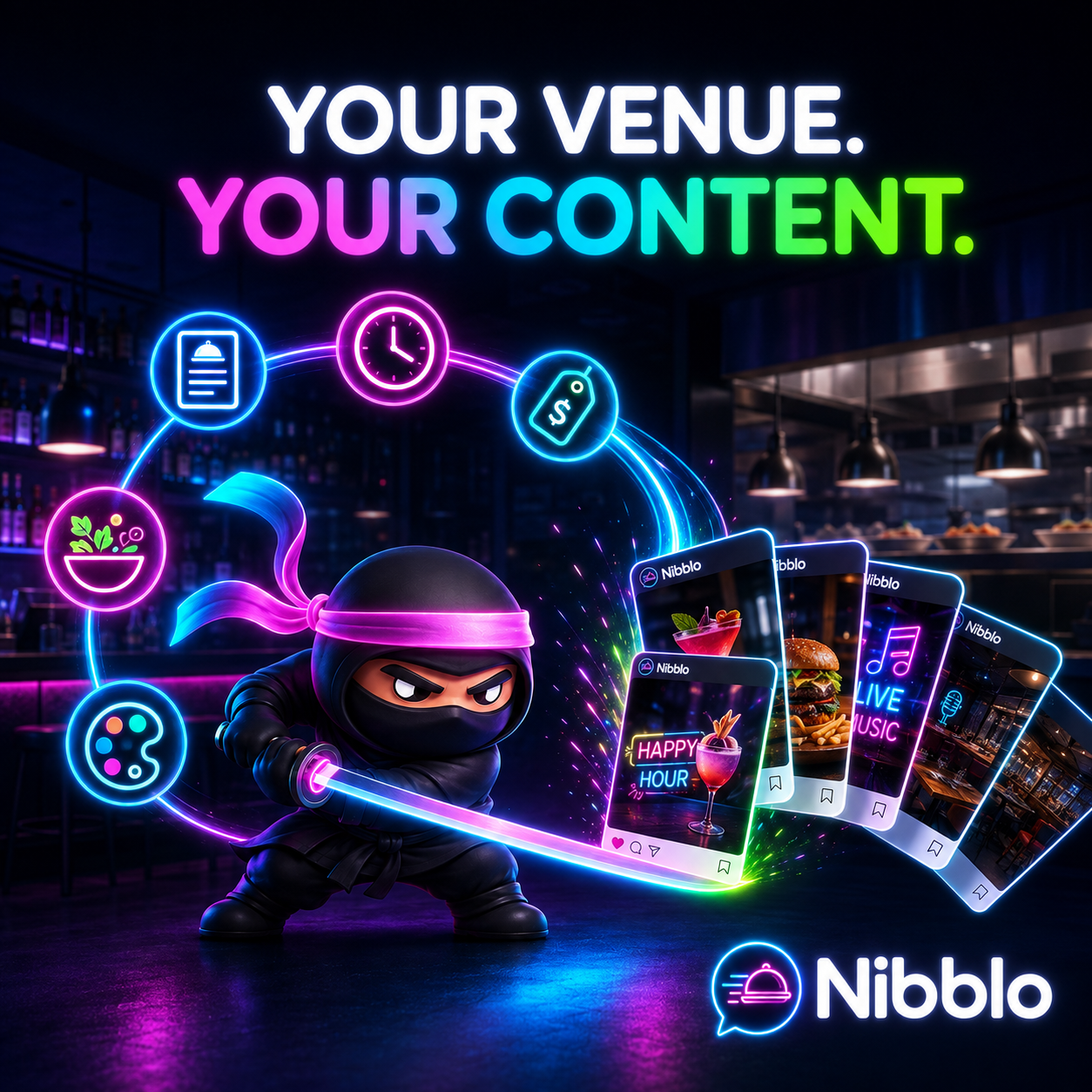 Your venue details turning into branded Nibblo posts for happy hour, burgers and live music