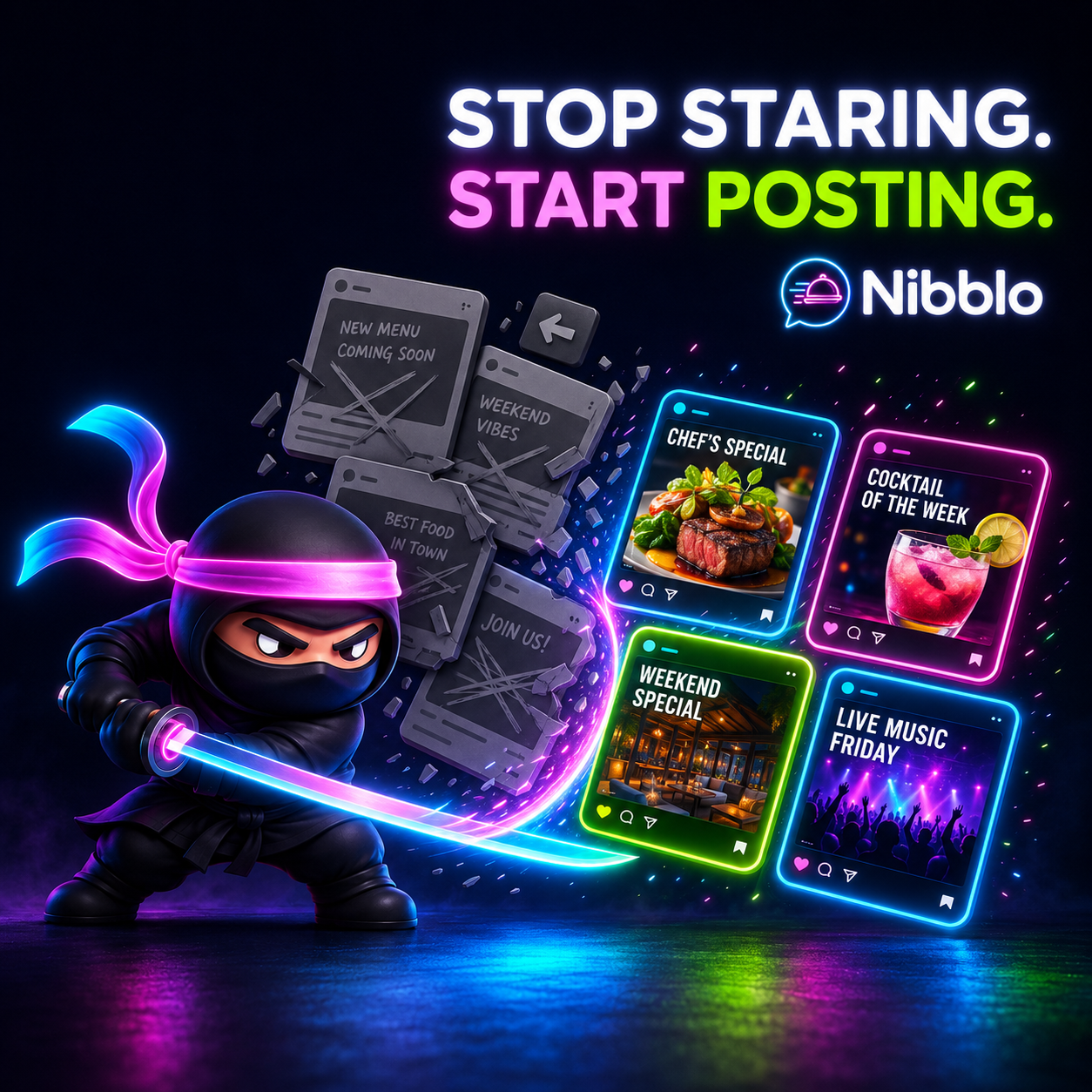 Blank post ideas being sliced away and replaced with finished Nibblo social posts