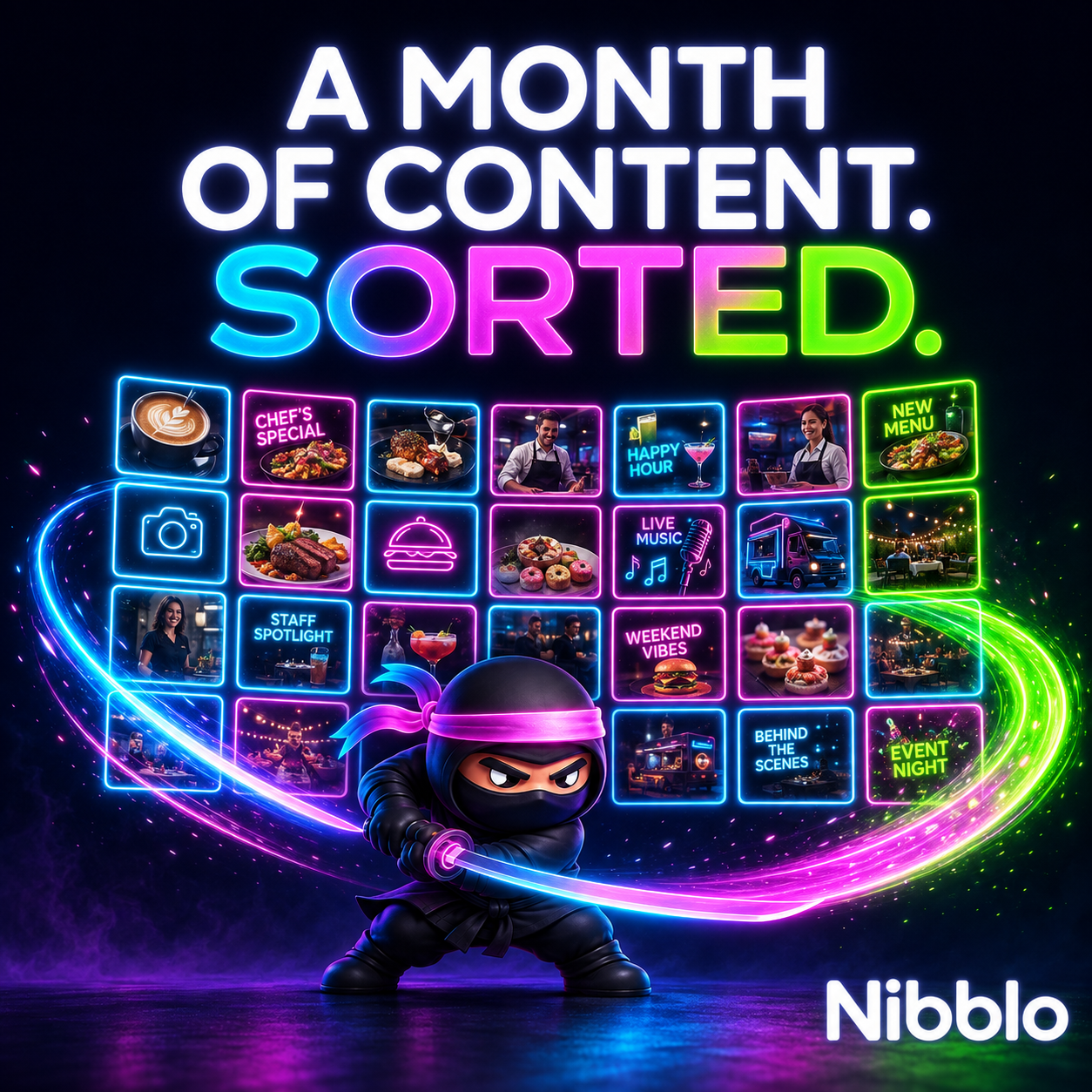 A month of Nibblo content laid out as a grid of neon social posts